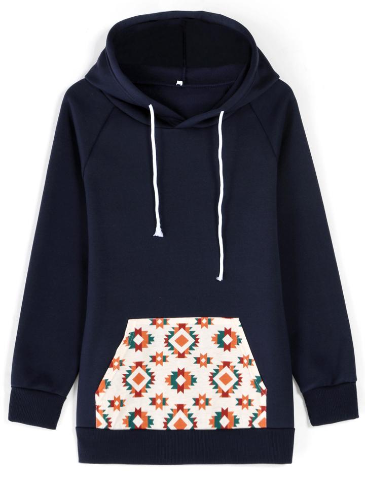 Romwe Hooded Drawstring Geometric Print Sweatshirt
