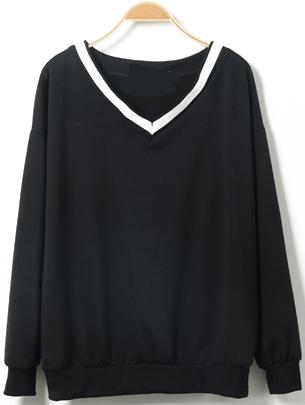 Romwe V Neck Loose Black Sweatshirt