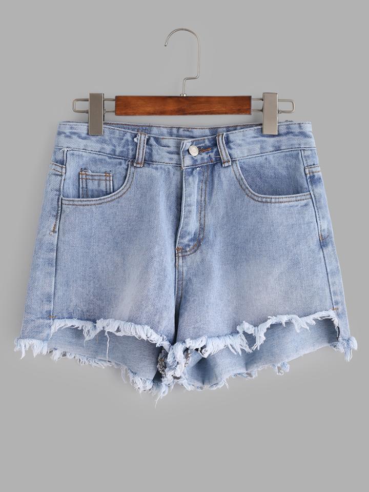 Romwe Light Blue Bleached Raw Hem Denim Shorts