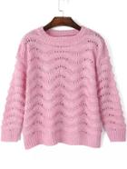 Romwe Open-knit Zigzag Pink Sweater
