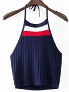 Romwe Navy Color Block Ribbed Halter Top