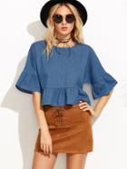 Romwe Blue Bell Sleeve Chambray Peplum Top