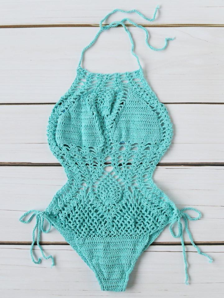 Romwe Turquoise Side Tie Sexy Crochet Monokini