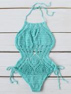 Romwe Turquoise Side Tie Sexy Crochet Monokini