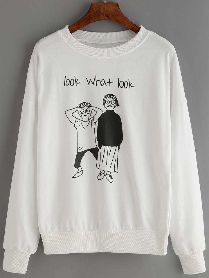 Romwe Portrait Print Loose White Sweatshirt