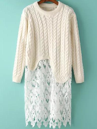 Romwe Contrast Lace Hollow Cable Knit Beige Sweater