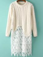 Romwe Contrast Lace Hollow Cable Knit Beige Sweater