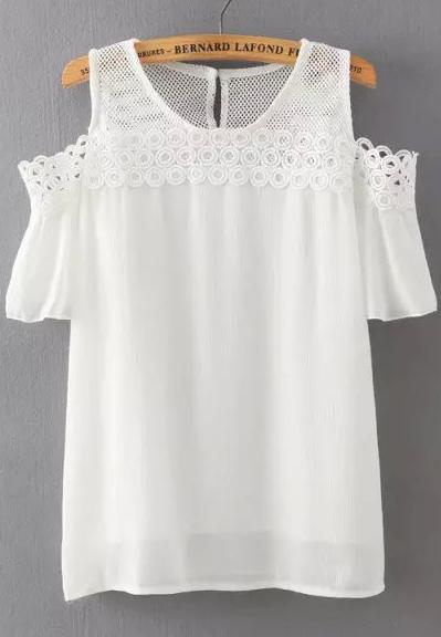 Romwe Lace Insert Open Shoulder White Top
