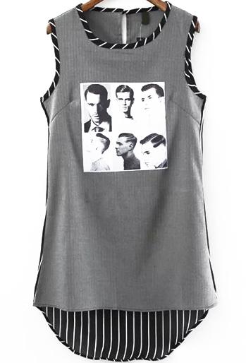 Romwe Sleeveless Vertical Striped Portrait Print Dress