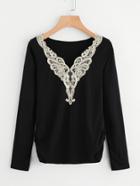 Romwe Contrast Embroidery Applique Shirred Side T-shirt