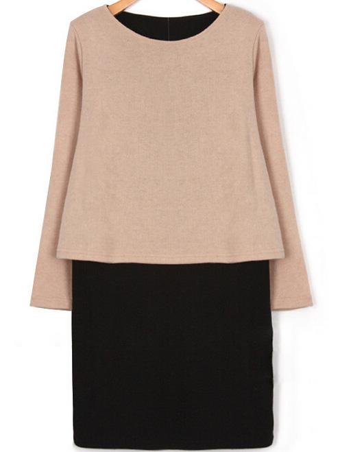 Romwe Color-block Round Neck Long Sleeve Dress