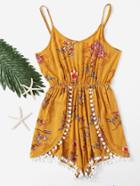 Romwe Floral Print Random Pompom Trim Cami Romper