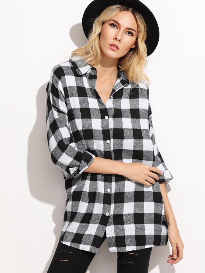 Romwe Check Plaid Drop Shoulder Shirt