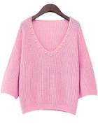 Romwe V Neck Bead Pink Sweater