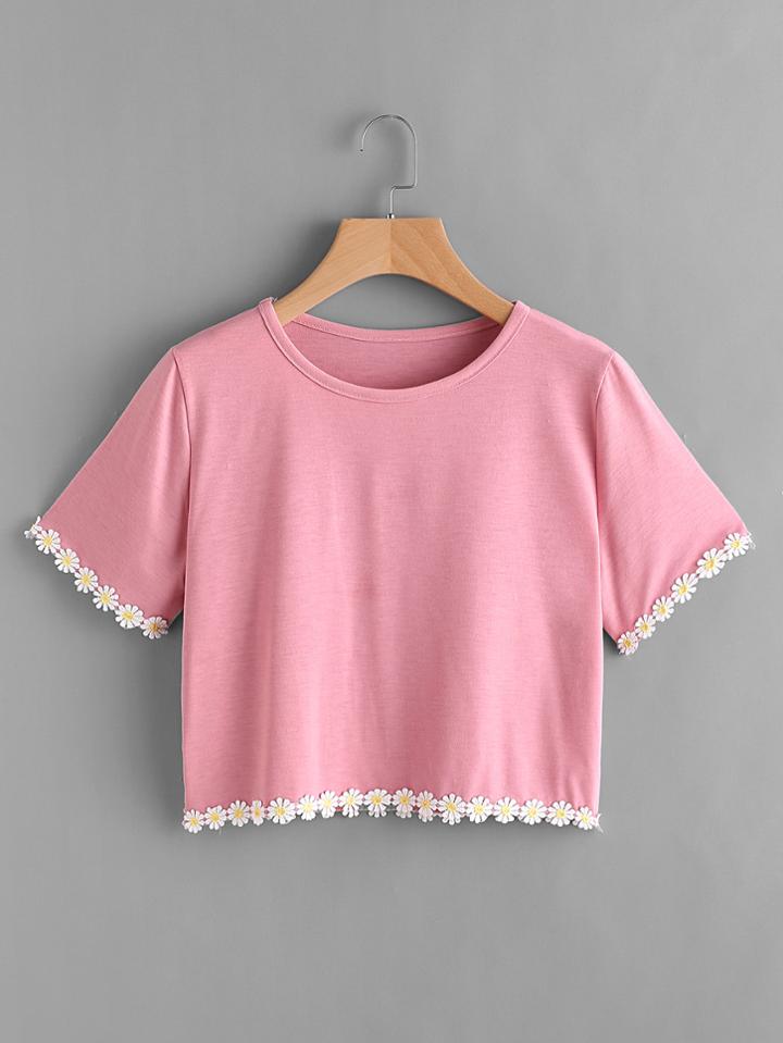 Romwe Flower Lace Trim Tee
