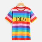 Romwe Colorful Striped Letter Tee