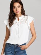 Romwe Knot Front Floral Lace Yoke Top