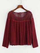 Romwe Hollow Out Lace Panel Pleated Blouse