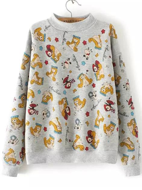 Romwe Cartoon Print Grey Sweatshirt