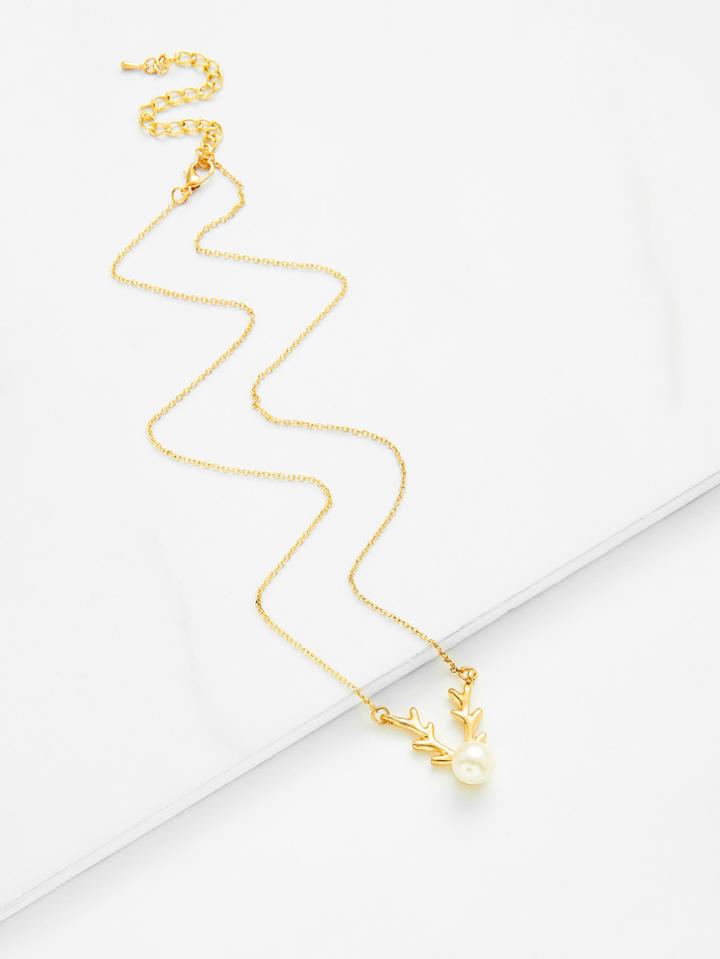 Romwe Christmas Antlers & Faux Pearl Pendant Chain Necklace