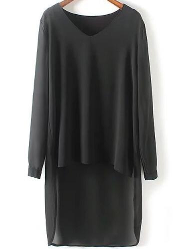 Romwe V Neck Dip Hem Shirt