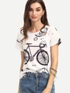 Romwe Black And White Bike Print Short Sleeve T-shirt
