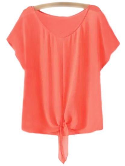 Romwe Watermelon Red Self-tie Bow Batwing Sleeve Blouse