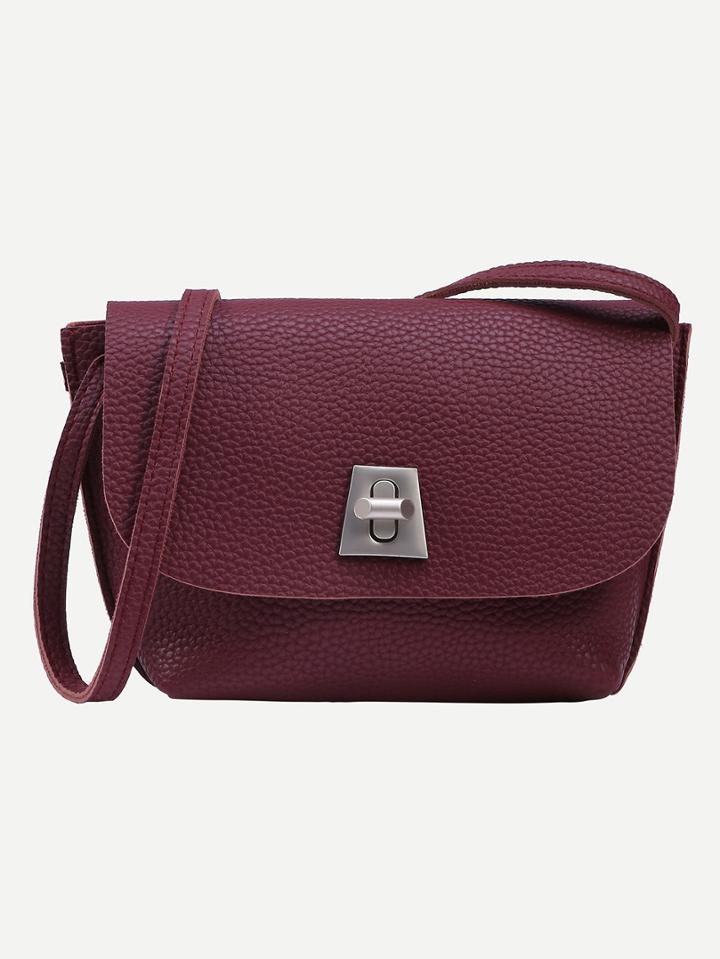 Romwe Burgundy Pebbled Faux Leather Turnlock Flap Bag