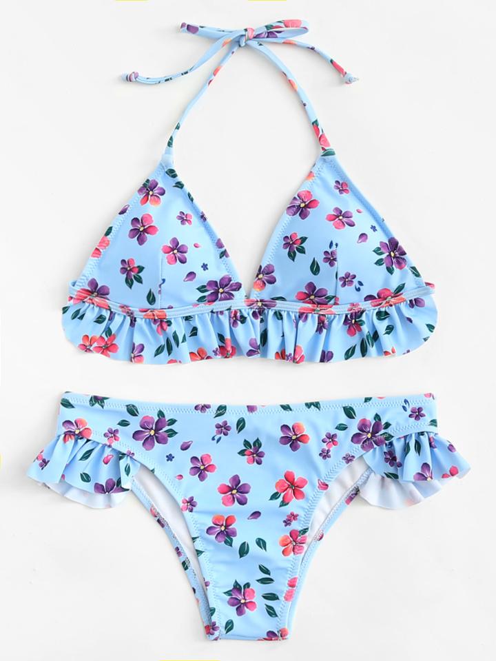 Romwe Calico Print Ruffle Hem Bikini Set
