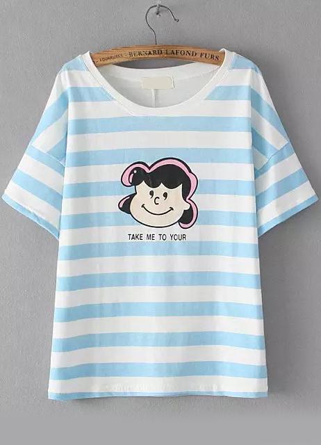 Romwe Striped Cartoon Print Blue T-shirt