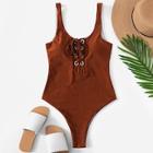 Romwe Grommet Lace Up One Piece Swimsuit