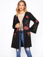 Romwe Tied Front Embroidery Suede Coat
