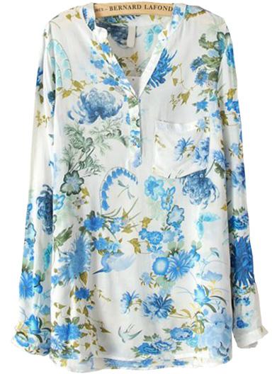 Romwe V Neck Floral Pockets Blue Blouse