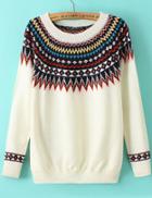 Romwe Tribal Print Knit White Sweater