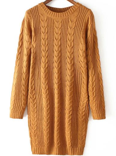Romwe Round Neck Cable Knit Khaki Sweater Dress