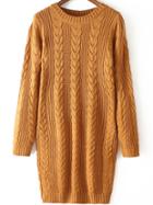 Romwe Round Neck Cable Knit Khaki Sweater Dress