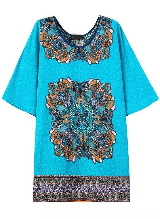 Romwe Blue Round Neck Vintage Floral Straight Dress