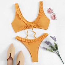 Romwe Ribbed Frill Trim High Leg Bikini Set