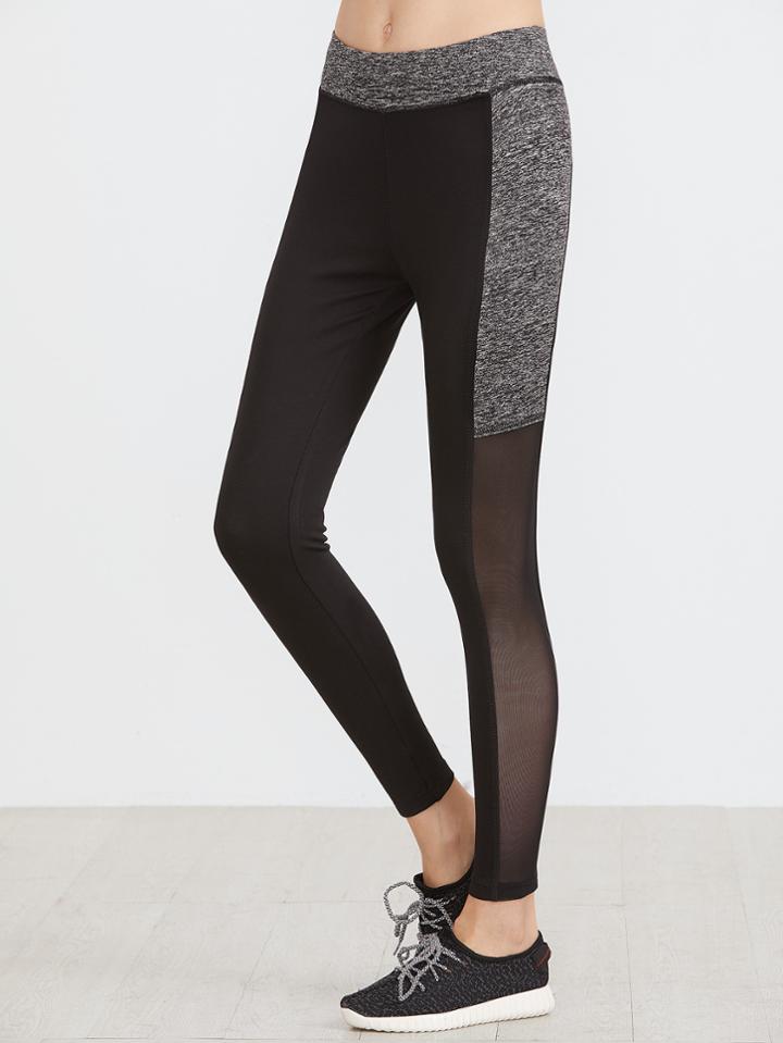 Romwe Contrast Marled Knit Mesh Insert Leggings