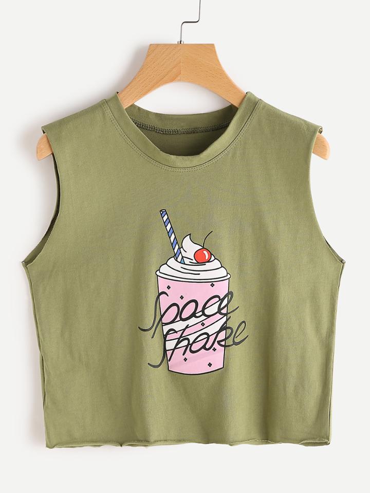 Romwe Ice Cream Print Raw Hem Tank Top