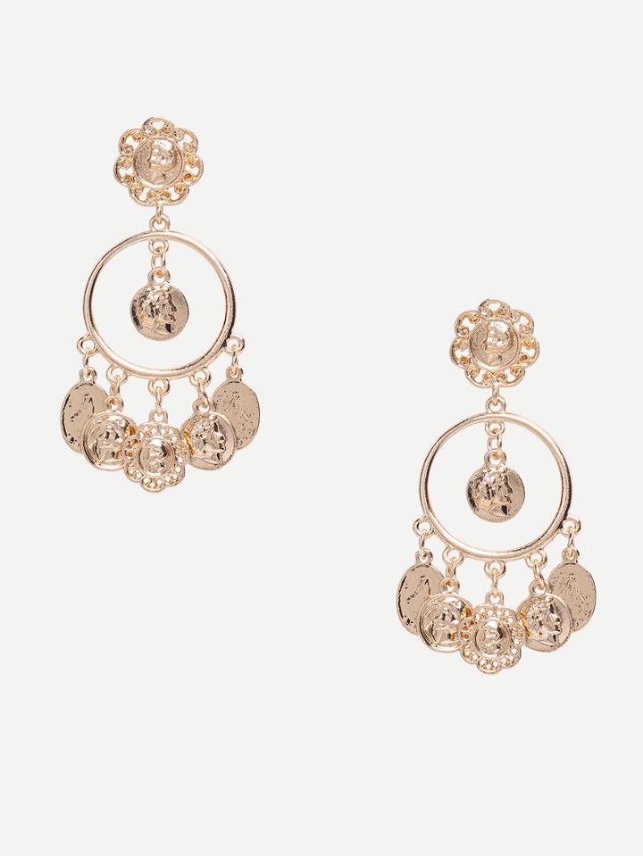 Romwe Golden Exaggerating Coin-shaped Drop Earrings