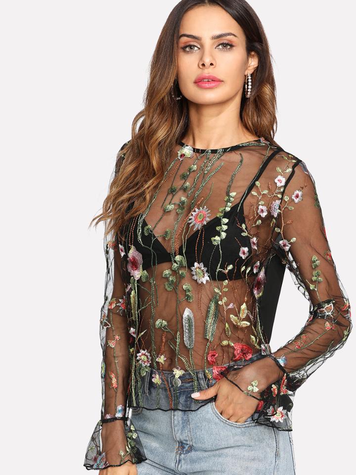 Romwe Botanical Embroidered See Through Mesh Tee