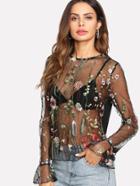 Romwe Botanical Embroidered See Through Mesh Tee