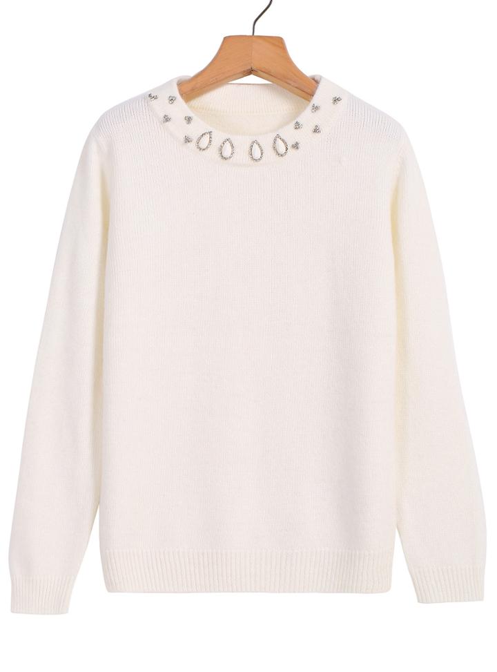 Romwe Bead Loose Knit White Sweater