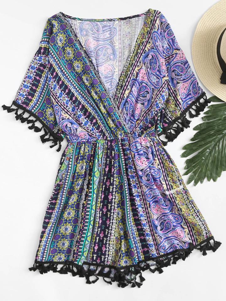 Romwe Fringe Trim Geo Print Romper
