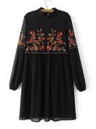 Romwe Black Stand Collar Elastic Cuff Embroidery Vintage Dress