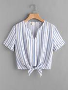 Romwe V Neckline Striped Knot Front Cuffed Blouse