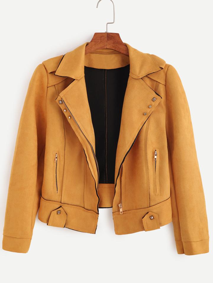 Romwe Yellow Faux Suede Epaulet Studded Zip Up Jacket