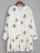 Romwe White V Neck Flower Print Shirt Dress