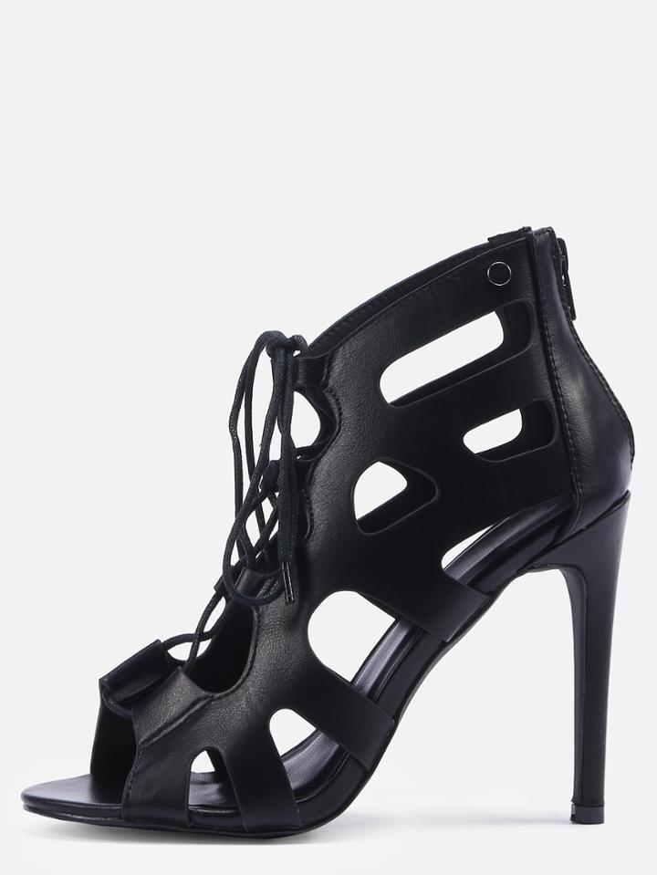 Romwe Laser Cut Peep Toe Lace-up Pumps - Black